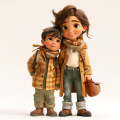 Perfect animated characters to illustrate love, family and affection, mother and son embracing, woman in autumn and winter casual clothes in yellow and orange, happy child with scarf, full body
