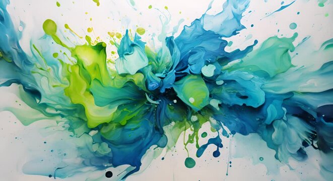Vivid blue and green water splashes intersecting, an artistic aquatic dance