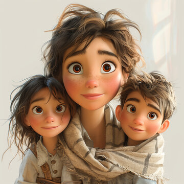 Happy Mother's Day, mom with her daughter and son, a beautiful family with joy, hugging and spineless after playing with her scarf, light background