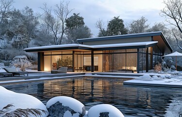 A conventional, classic, modern Japanese home with a Japanese garden during the winter, known as an...