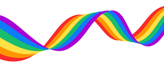 Rainbow wavy ribbon design element. LGBTQ Pride month flag flowing. Rainbow color wave background template shape for banner, poster, flyer, brochure, booklet, cover. Vector illustration backdrop