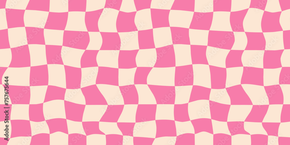 Aufkleber Seamless pink checkerboard pattern. Repeating distorted checkered texture. Groovy trippy abstract background. Vintage retro style wallpaper for textile, fabric, wrapping paper. Vector check surface