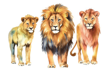 white background iluustration lion Watercolor isolated animals