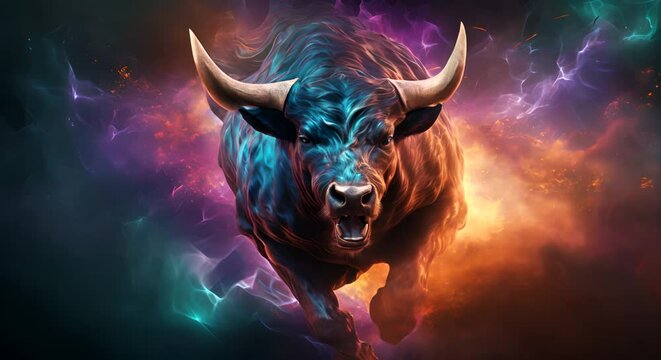 Digital artwork of a dynamic bullish bull charging, symbolizing strength and optimism