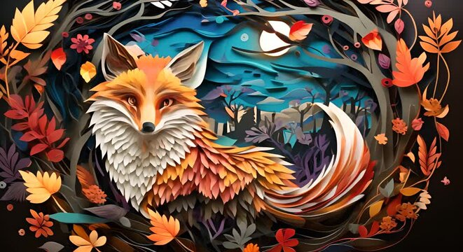 Paper cut fox in a vibrant forest, bright colors, detailed textures