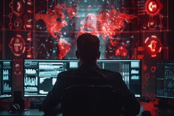 Obraz premium Digital Analyzing Data Center on Multiple Screens in a Modern Cybersecurity Lab Environment