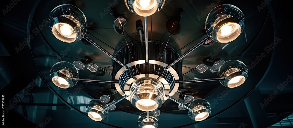 Poster an elegant chandelier illuminating a dark room with multiple lights hanging from the ceiling, creati