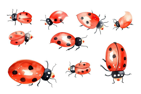 Watercolor Isolated Funny text flying background card cartoon flight white set concept ladybird bright Greeting ladybug red insects