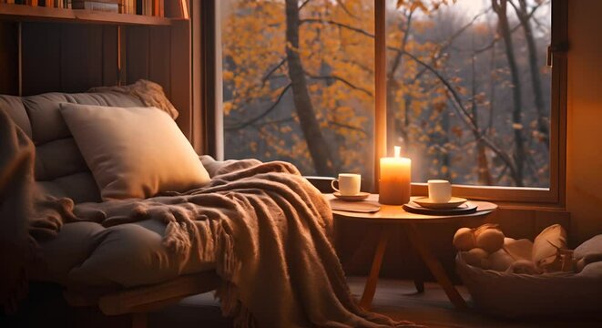 Cozy autumn reading nook with a stack of books and a warm blanket