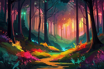 Colorful abstract landscape. Fantasy forest with glowing light. Vibrant and surreal artwork.

