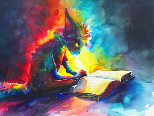 Watercolor A fantastical studious creature pondering over an ancient