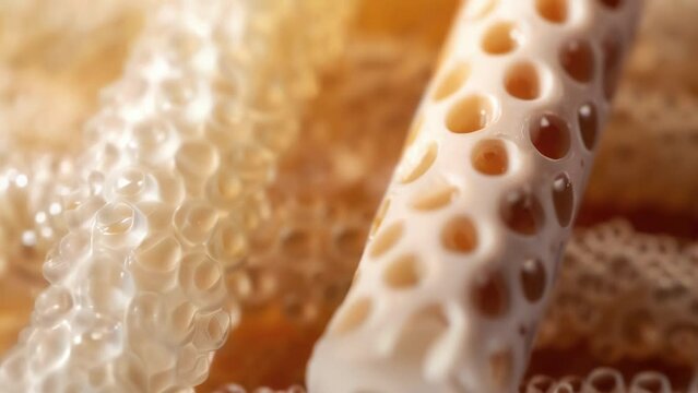 A magnified view of two plastic straws one composed of traditional plastic and the other of bioplastic. The traditional plastic straw has a smooth glossy appearance while