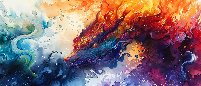 Watercolor A monstrous creature with vibrant colors blending surrealism with fantasy elements
