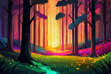 Colorful abstract landscape. Fantasy forest with glowing light. Vibrant and surreal artwork.

