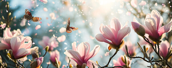 Pink magnolia flowers with butterflies in a meadow - obrazy, fototapety, plakaty