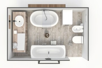  3D Render top down view of a serene master bathroom with vanity, bathtub, shower, and toilet, on isolated white background, Generative AI