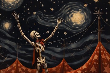 A skeleton in a night circus under a starry sky - obrazy, fototapety, plakaty