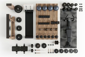3D Render top down view of a well-equipped home gym with exercise equipment, weights, yoga mats, and mirrors, on isolated white background, Generative AI