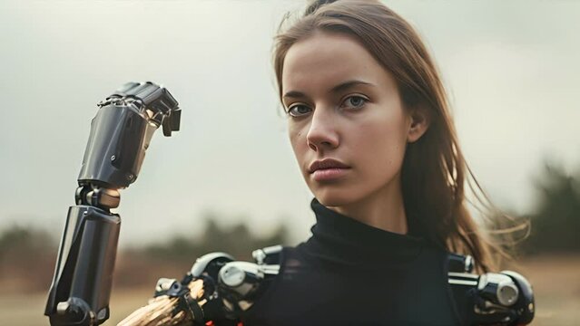 Pulling back from a young brunette woman with a bionic arm standing outside on a cloudy day