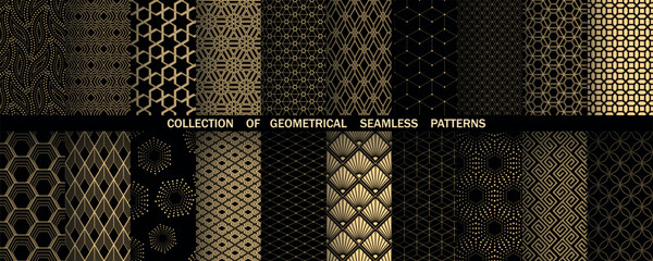 Geometric set of seamless black and golden patterns. Simple vector graphics
