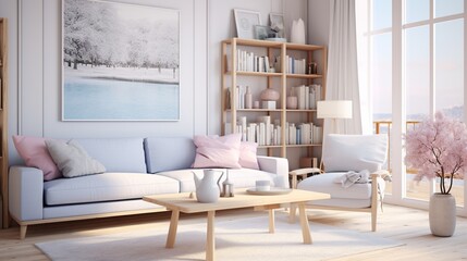 Scandinavian inspired interior composition of modern living room  - obrazy, fototapety, plakaty
