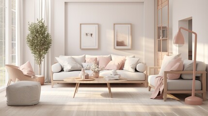 Scandinavian inspired interior composition of modern living room  - obrazy, fototapety, plakaty