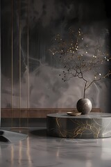  Minimalist scene with empty brown stone podium, natural materials, dark colors luxury, For product...