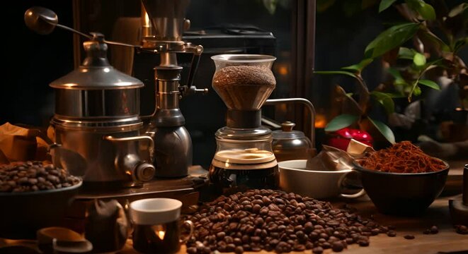 Aromatic coffee beans and brewing equipment, barista tools