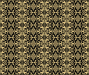 Floral pattern. Vintage wallpaper in the Baroque style. Seamless vector background. Golden and black ornament for fabric, wallpaper, packaging. Ornate Damask flower ornament