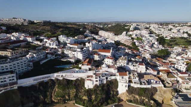 Aerial view of Albufeira’s white-washed cityscape, Algarve Portugal