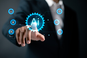 AI technology concept. Science and artificial intelligence technology, Big data network connection by use artificial intelligence technology. Businessman use tools AI on virtual screen.