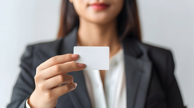 Asian businesswoman holds a credit card mockup, credit card,wearing a suit, white background, isolated.