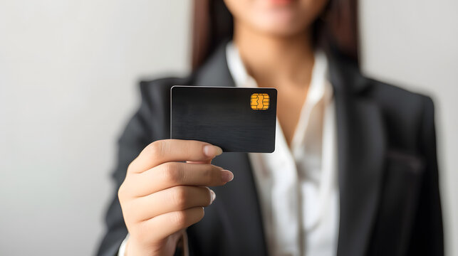 Asian businesswoman holds a credit card mockup, credit card,wearing a suit, white background, isolated.