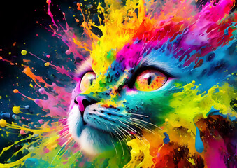 カラフルな塗料を顔に塗った猫