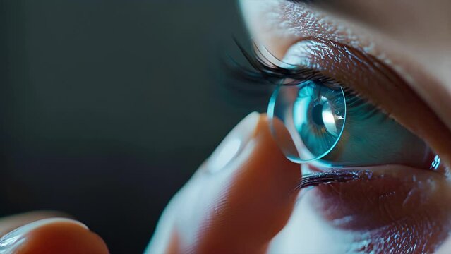 Close up of a contact lens being placed on a human eyeball that is overlaying augmented reality information