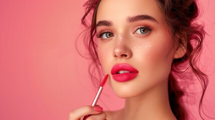 Elegant woman applying red lip gloss, fashion and beauty concept with focus on sensual lips
