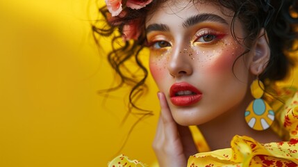 Stylish woman with vibrant makeup and floral accessories, spring fashion trend against yellow backdrop
