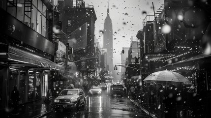 Rainy urban street scene in black and white, city life with cars and pedestrians under umbrellas
