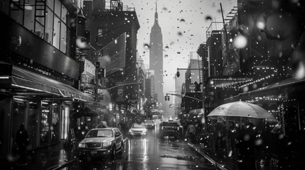 Fotobehang Rainy urban street scene in black and white, city life with cars and pedestrians under umbrellas  © CuratedAIMasterpiece