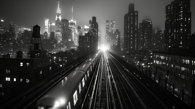 Nocturnal cityscape with train tracks leading into the bright skyline, urban exploration at night
