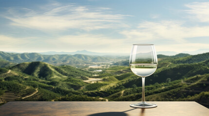 Two glasses sit on a table overlooking mountains and vineyards, their physically based rendering, texture-rich surfaces apparent in white and green.