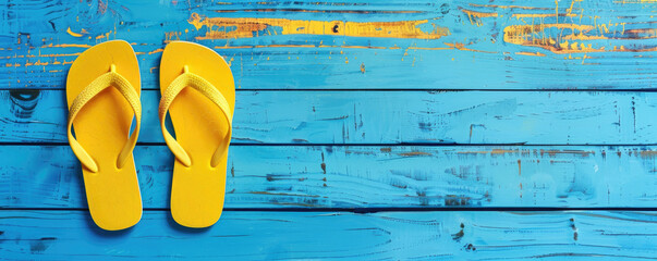 Yellow flip flops are placed on a blue wooden background, a colorful and summery image - obrazy, fototapety, plakaty
