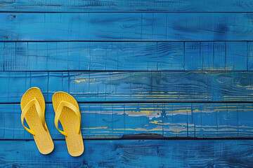Yellow flip flops are placed on a blue wooden background, a colorful and summery image - obrazy, fototapety, plakaty