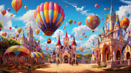 A lively carnival with hot air colorful balloons in the sky  - obrazy, fototapety, plakaty