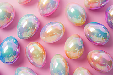 3d Holographic easter eggs pattern pearl colors high definition flat lay