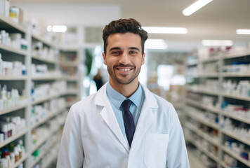 A smiling pharmacist stands in a pharmacy, his pop colorism, y2k aesthetic, glorious nature, and ocean academia apparent in light gray and dark brown.