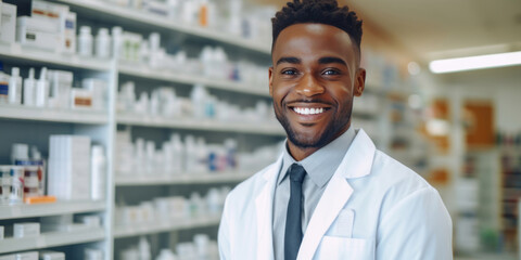 Fototapeta premium A smiling pharmacist stands in a pharmacy, his pop colorism, y2k aesthetic, glorious nature, and ocean academia apparent in light gray and dark brown.
