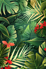 illustration depicts a summer sale banner with a background of tropical leaves.