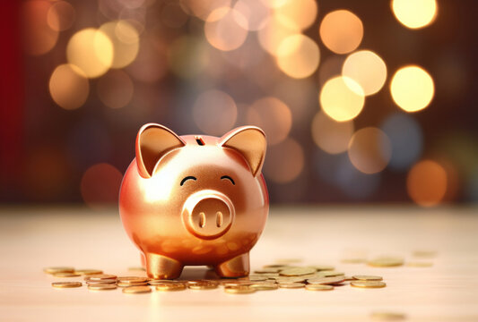 A savings piggy bank in bokeh, its realistic and hyper-detailed renderings, tabletop photography, and creative commons attribution apparent in light bronze and crimson.