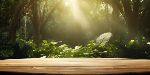 A brown wooden table sits in the middle of the jungle, sun lighting through it, clear edge definition apparent in green. - obrazy, fototapety, plakaty